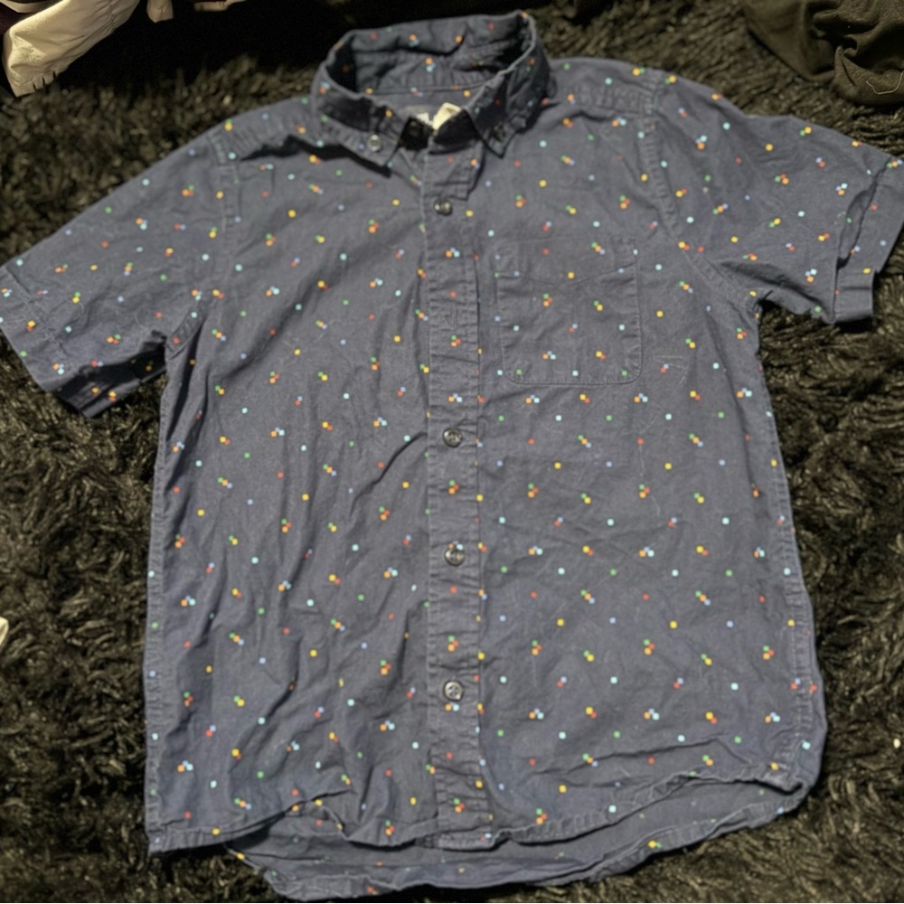 Place Kids Blue Button Down Shirt with Colorful Pattern